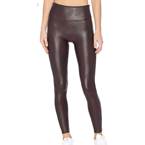 SPANX Faux Leather Leggings Small BURGUNDY shiny Holiday Dressy City Chic EUC - Picture 1 of 12